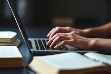 Person studying using a laptop and books.